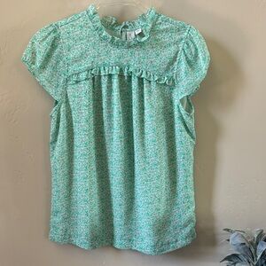 Joie Green Floral Top with Ruffles